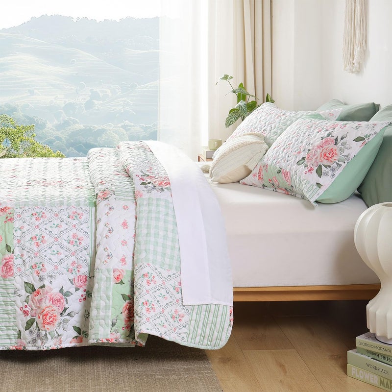 YIKUSH Quilt Sets Queen Size Floral Quilt Set 3 Pieces Bedding Set Bedspreads Green Comforter Blanket with 2 Pillow Cases- Ultra Soft Floral Coverlet with Printed Pattern 90in.x 90in - Image 2